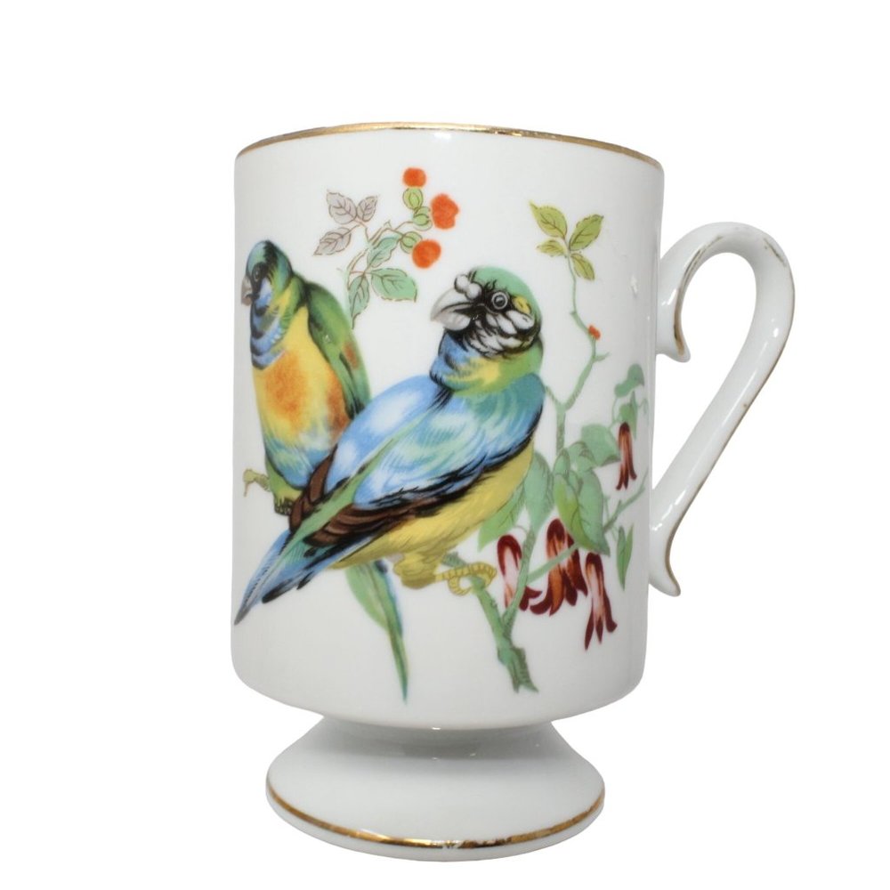 Vintage Royal Crown Blue Yellow Songbirds Floral Coffee Mug Pedestal Cup
